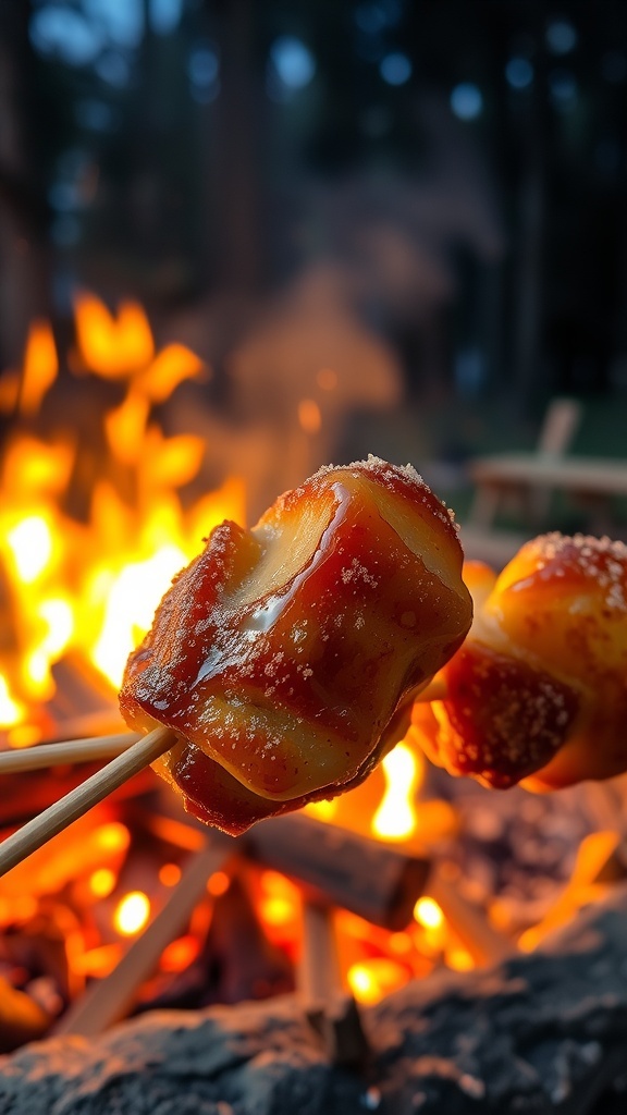Campfire monkey bread skewers, golden brown and coated in cinnamon sugar, over a campfire.
